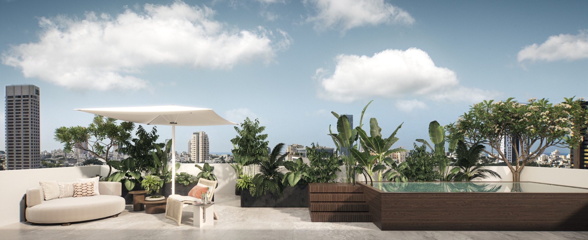 Private rooftop with plunge pool and city view — Visualization